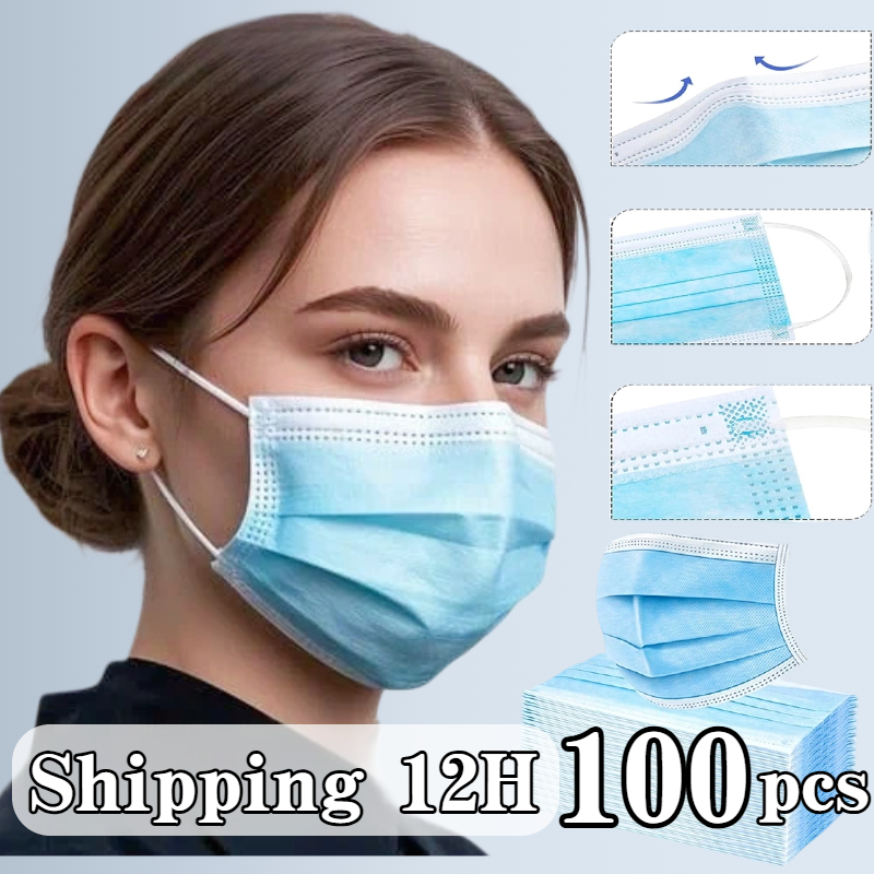 Disposable Mask Blue - หน้ากากป้องกันแบบใช้แล้วทิ้งสีน้ำเงิน 100 ชิ้น -3 ชั้น ระบายอากาศได้ดีและสะดวกสบาย