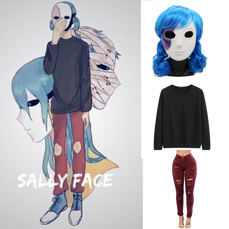 Black Face Mask Pack - เกมอะนิเมะร้อน Sally Face Cosplay เครื่องแต่งกายชุดสีดำบาง Top