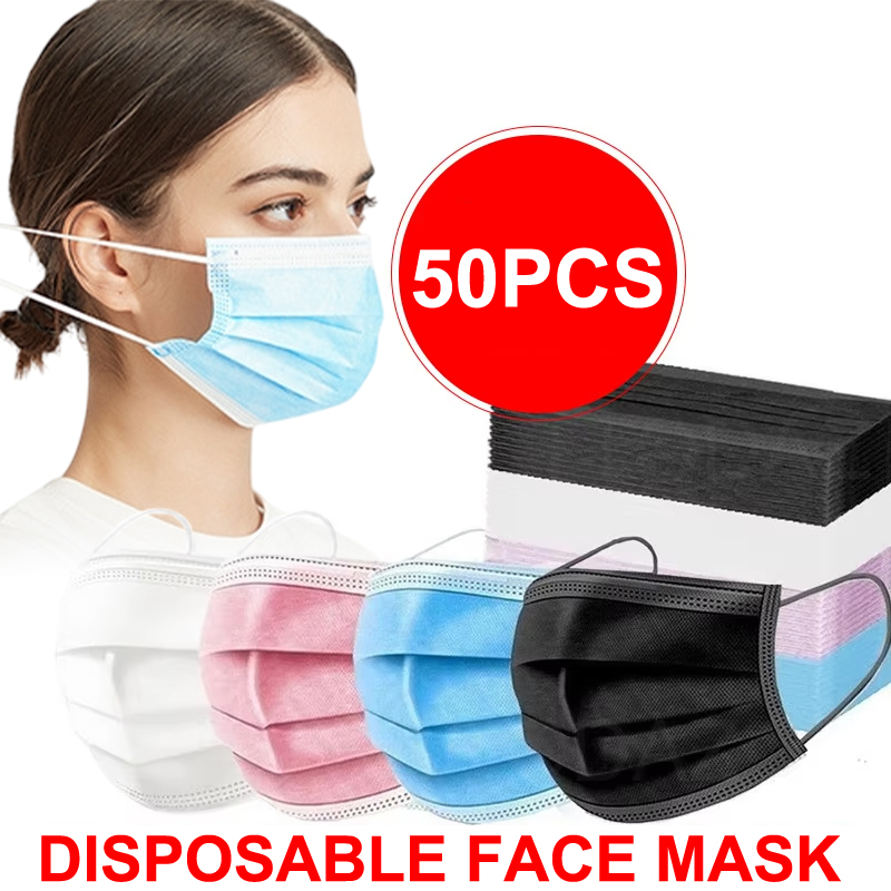 Black Face Mask Pack - 50 ชิ้น 3 ชั้นหน้ากากหน้ากากใบหน้าละลายผ้าทิ้งความปลอดภัยป้องกันฝุ่นหน้ากากป้องกันสีฟ้าผู้ใหญ่ไม่ทอหน้ากาก