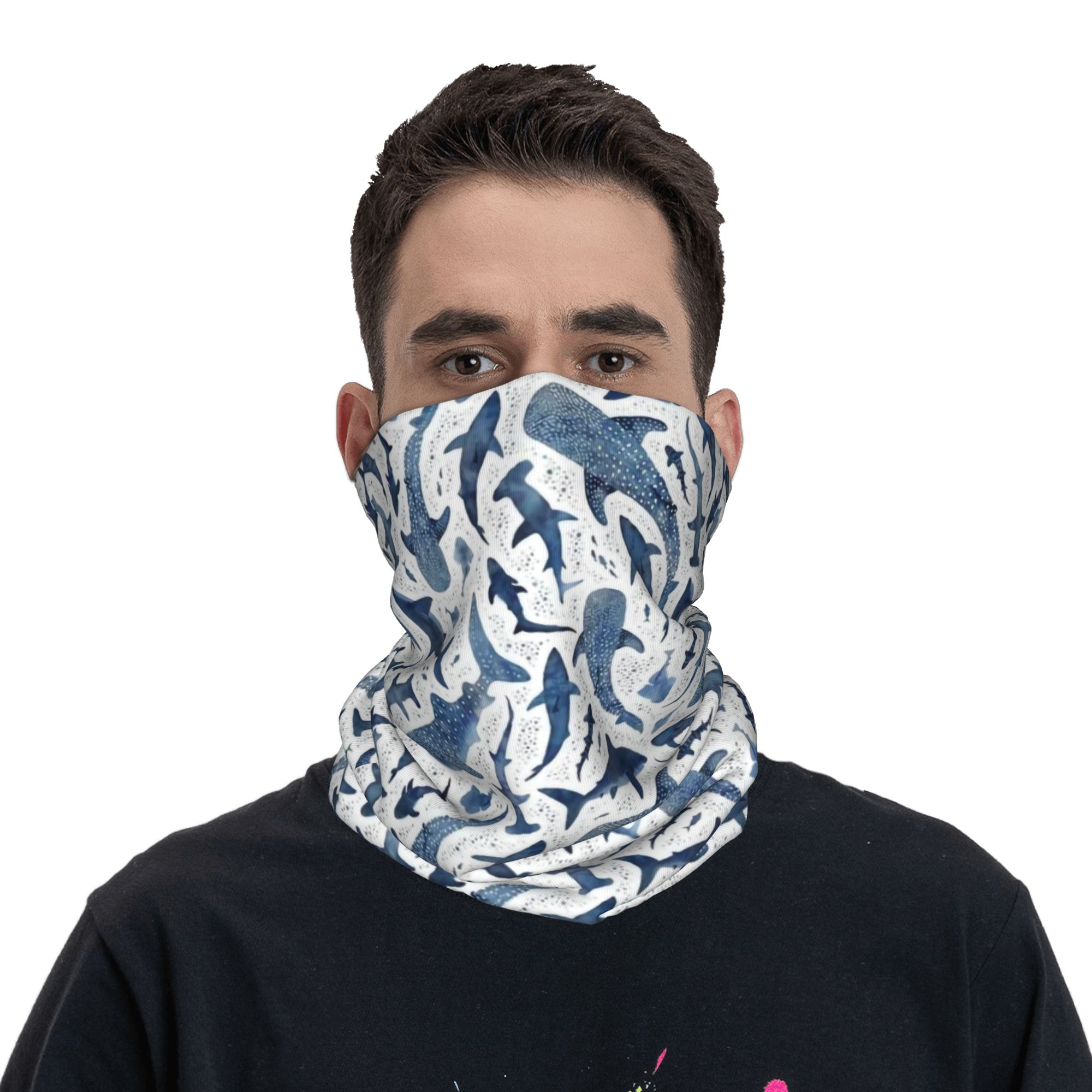 ผ้าคลุมหน้าลายฉลามสีน้ำแบบกำหน - Neck Gaiter Face Cover บทวิจารณ์และราคา